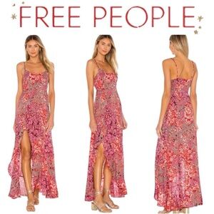 Free People Forever Yours Red and Pink Floral Maxi Slit Spaghetti Strap Dress M